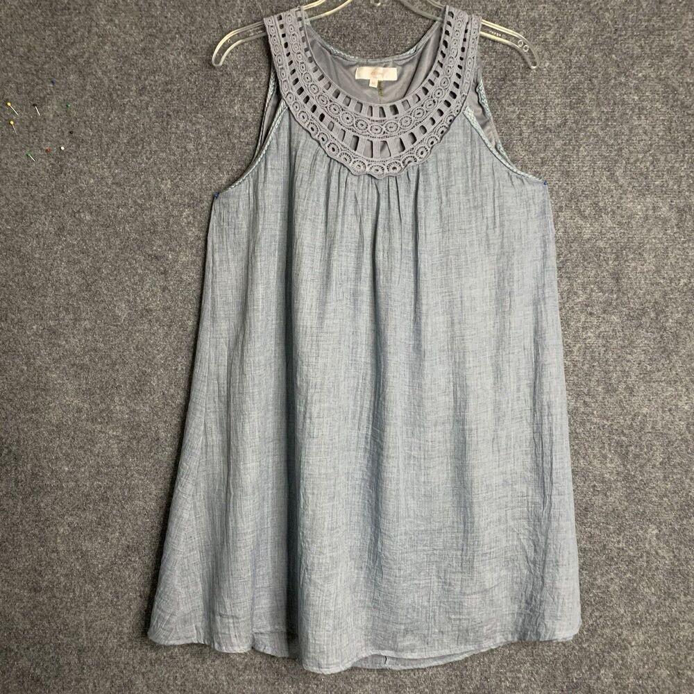 Enro Sleeveless Shift M Dress Crochet Round Neckline Slate Blue Lined Relaxed